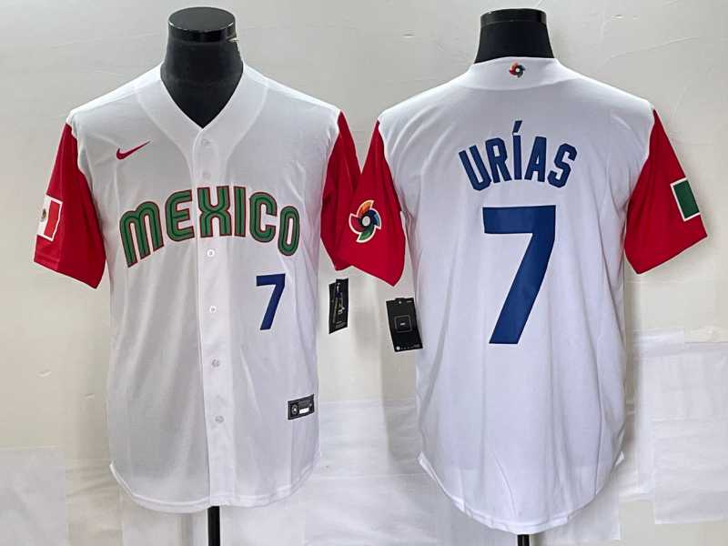 Mens Mexico Baseball #7 Julio Urias Number 2023 White Red World Classic Stitched Jersey1